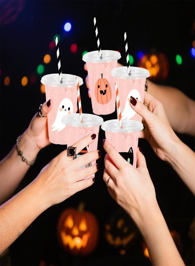 وولاين مجموعة أكواب بلاستيكية شفافة للاستخدام مرة واحدة من والين، 48 قطعة، سعة 12 أونصة، بتصميمات أشباح وقرع وقطة سوداء، مثالية لحفلات الهالوين وأعياد الميلاد. مزودة بأغطية وماصات. - Image 5